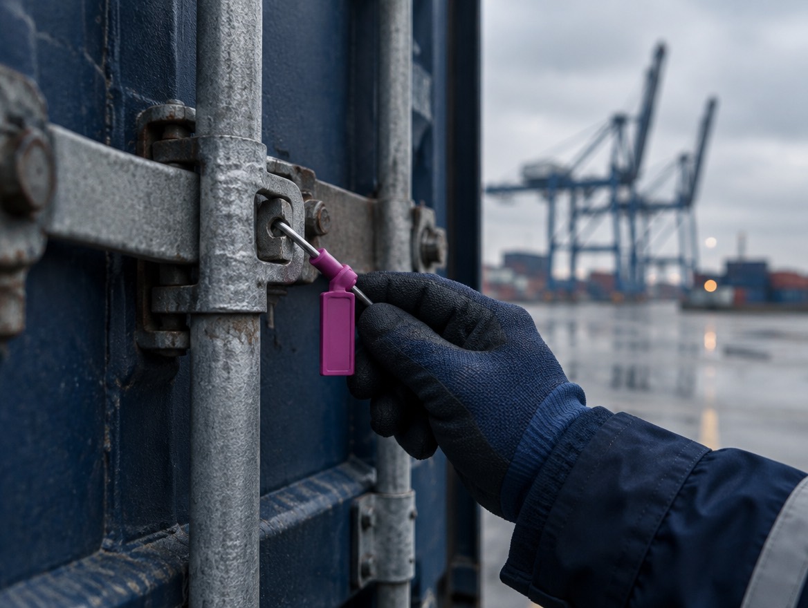 Sello de seguridad colocado en las puertas de un contenedor
